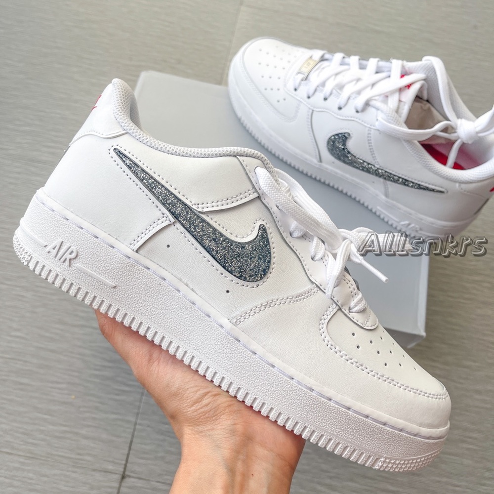Nike Air Force 1 Classic White w Jelly Sparkle Swoosh Shoes Sneakers